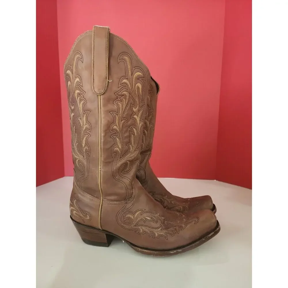 DENVER COWBOY BOOTS GENUINE LEATHER MENS SIZE 9.5 b Brown Brush Popper